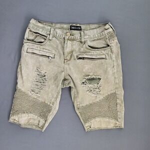 Embellish NYC Mens Biker Shorts Size 32 Olive Green Acid Wash Distressed Moto